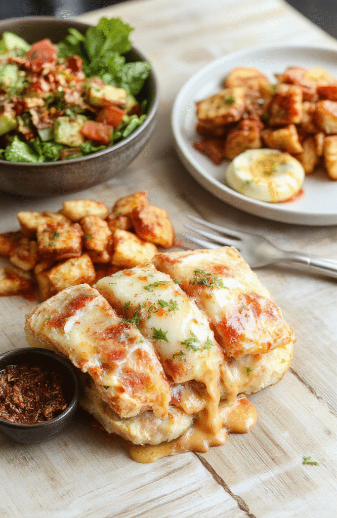 A vibrant family-style dinner spread on a clean wooden table: golden baked chicken tenders, steaming creamy mac and cheese in a white ceramic bowl, rainbow-colored roasted vegetables in a blue dish, and small cups of applesauce and carrot sticks — all arranged neatly with soft natural lighting and shallow depth of field.