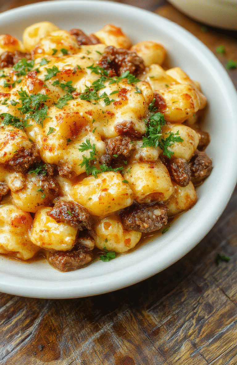 A steaming bowl of creamy cheesy macaroni studded with savory strips of beef, green bell peppers, and onions, all topped with a generous sprinkle of melted cheddar and cheddar-jack cheeses, garnished with fresh parsley on a white ceramic plate.
