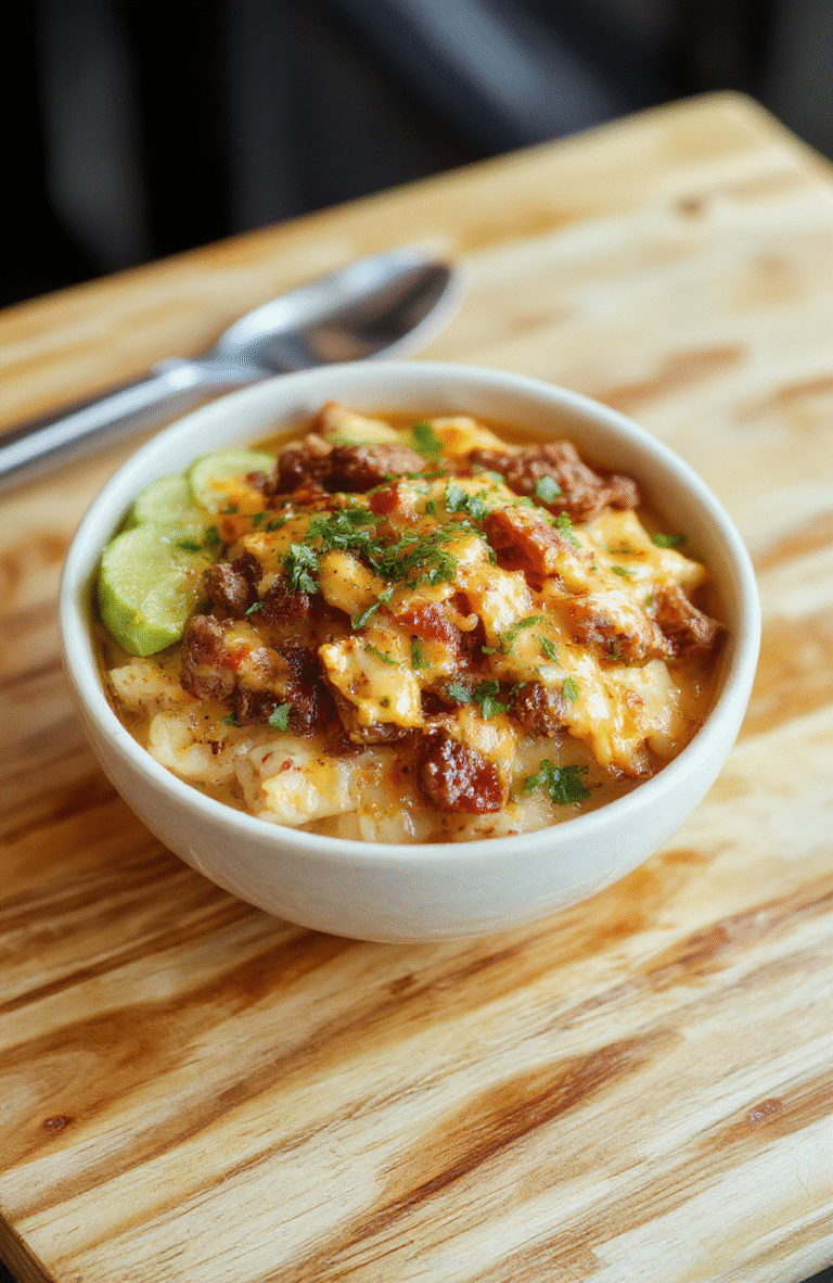 A rustic bowl of steaming white rice topped with sizzling seasoned ground steak, melted amber queso dip pooling around the edges, garnished with chopped fresh cilantro and diced red onion, set on a warm-toned wooden cutting board with soft natural daylight casting gentle shadows.