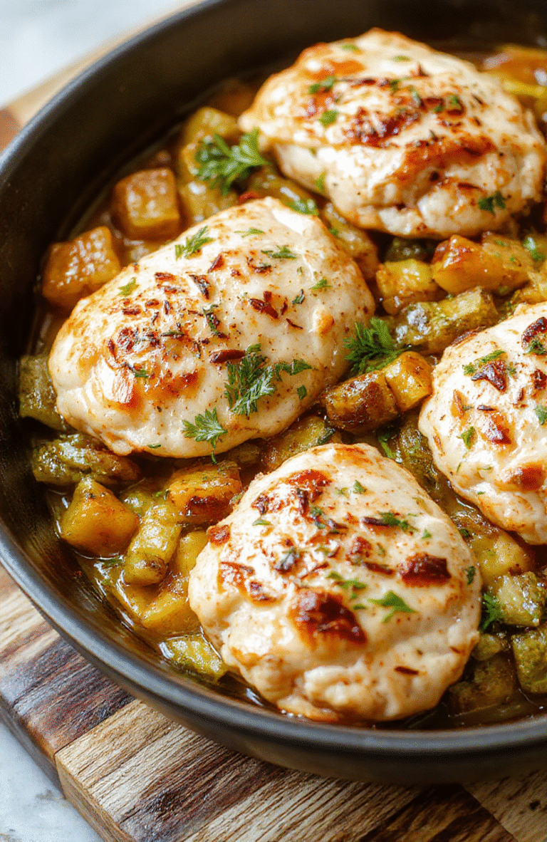 A rustic one-pan chicken sausage skillet with browned sausage links, diced bell peppers, zucchini, onions, and cherry tomatoes all sizzling in a cast iron skillet, garnished with fresh parsley, shot in natural light with shallow depth of field.