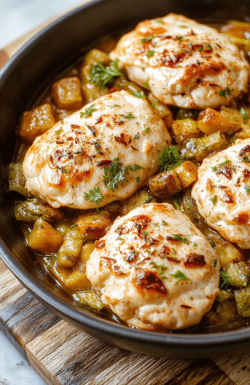 A rustic one-pan chicken sausage skillet with browned sausage links, diced bell peppers, zucchini, onions, and cherry tomatoes all sizzling in a cast iron skillet, garnished with fresh parsley, shot in natural light with shallow depth of field.
