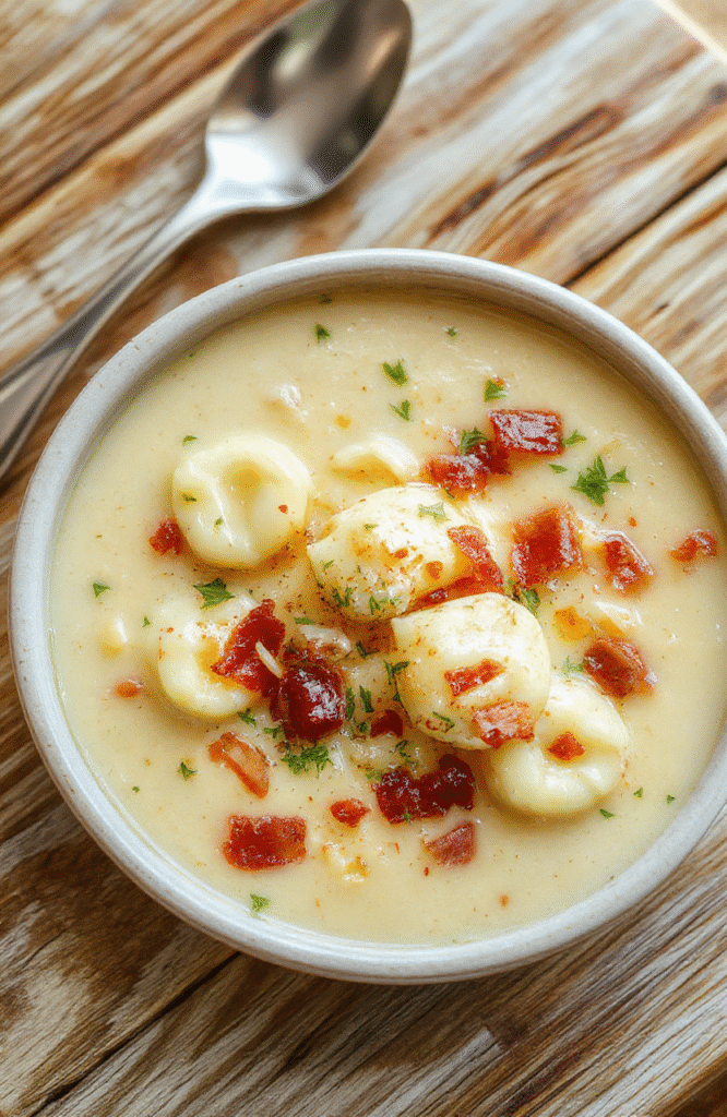 A rustic ceramic bowl filled with thick, creamy white soup studded with golden-brown gnocchi dumplings and crispy bacon pieces, topped with shredded sharp cheddar and fresh parsley, served on a light wood cutting board with a drizzle of olive oil and a wooden spoon beside it.