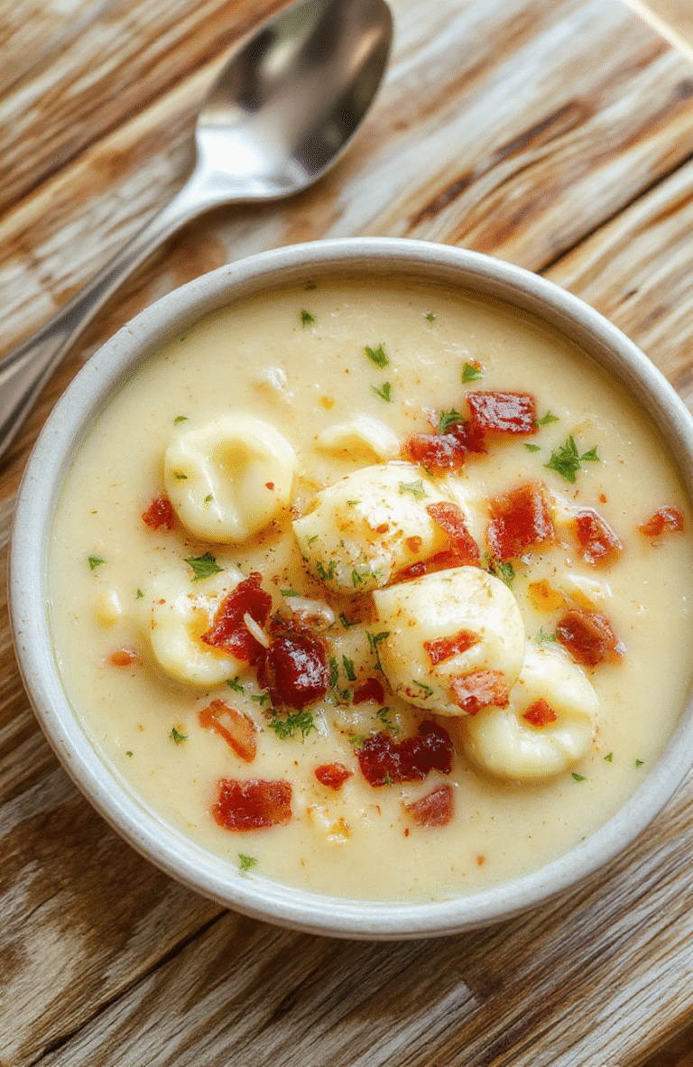 A rustic ceramic bowl filled with thick, creamy white soup studded with golden-brown gnocchi dumplings and crispy bacon pieces, topped with shredded sharp cheddar and fresh parsley, served on a light wood cutting board with a drizzle of olive oil and a wooden spoon beside it.