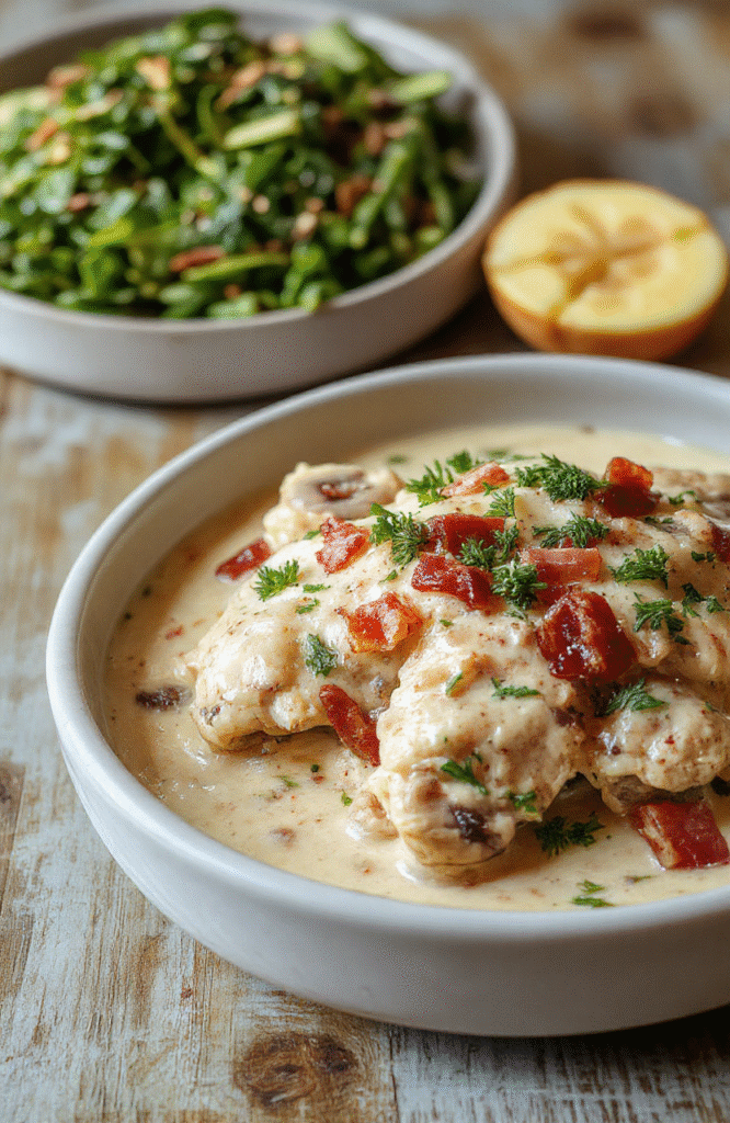 Golden-brown chicken breasts topped with a rich creamy sauce, sautéed golden mushrooms, and crispy bacon bits, served on a white ceramic plate garnished with fresh parsley and a lemon wedge, on a rustic wooden table with natural daylight.