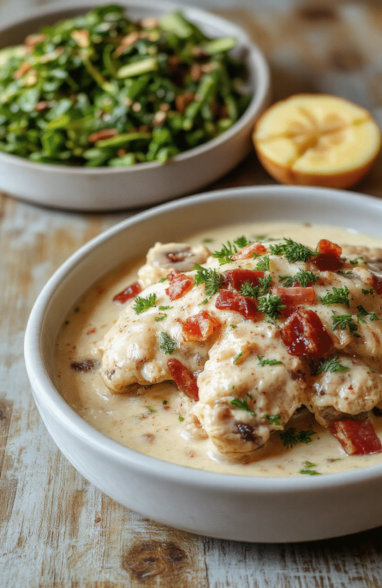 Golden-brown chicken breasts topped with a rich creamy sauce, sautéed golden mushrooms, and crispy bacon bits, served on a white ceramic plate garnished with fresh parsley and a lemon wedge, on a rustic wooden table with natural daylight.