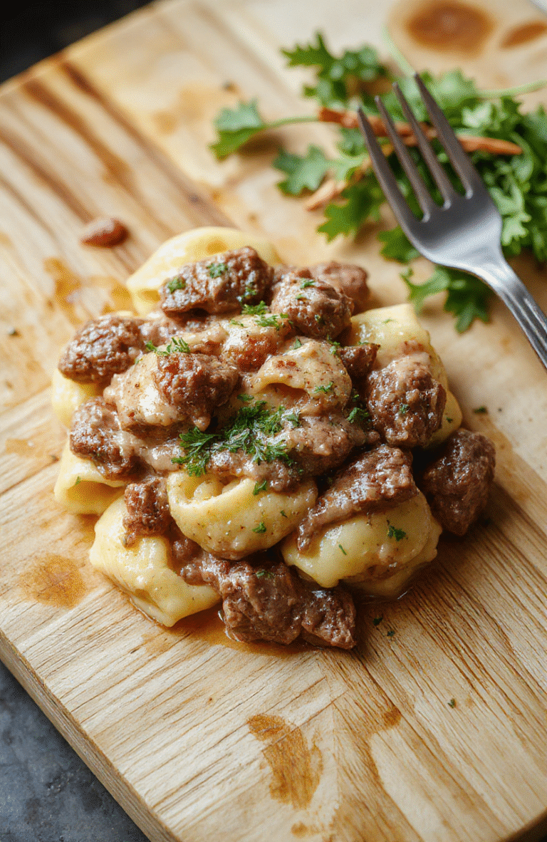 Golden-brown seared beef strips in a rich, creamy mushroom stroganoff sauce, tossed with al dente cheese tortellini in a porcelain bowl, garnished with fresh parsley and cracked black pepper on a rustic wooden board.