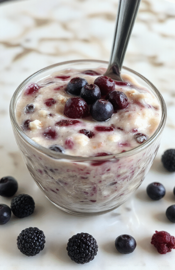 Creamy blueberry blended oats served in a white ceramic bowl, topped with fresh plump blueberries, a drizzle of honey, and a light dusting of chia seeds, against a natural wooden tabletop with soft morning light