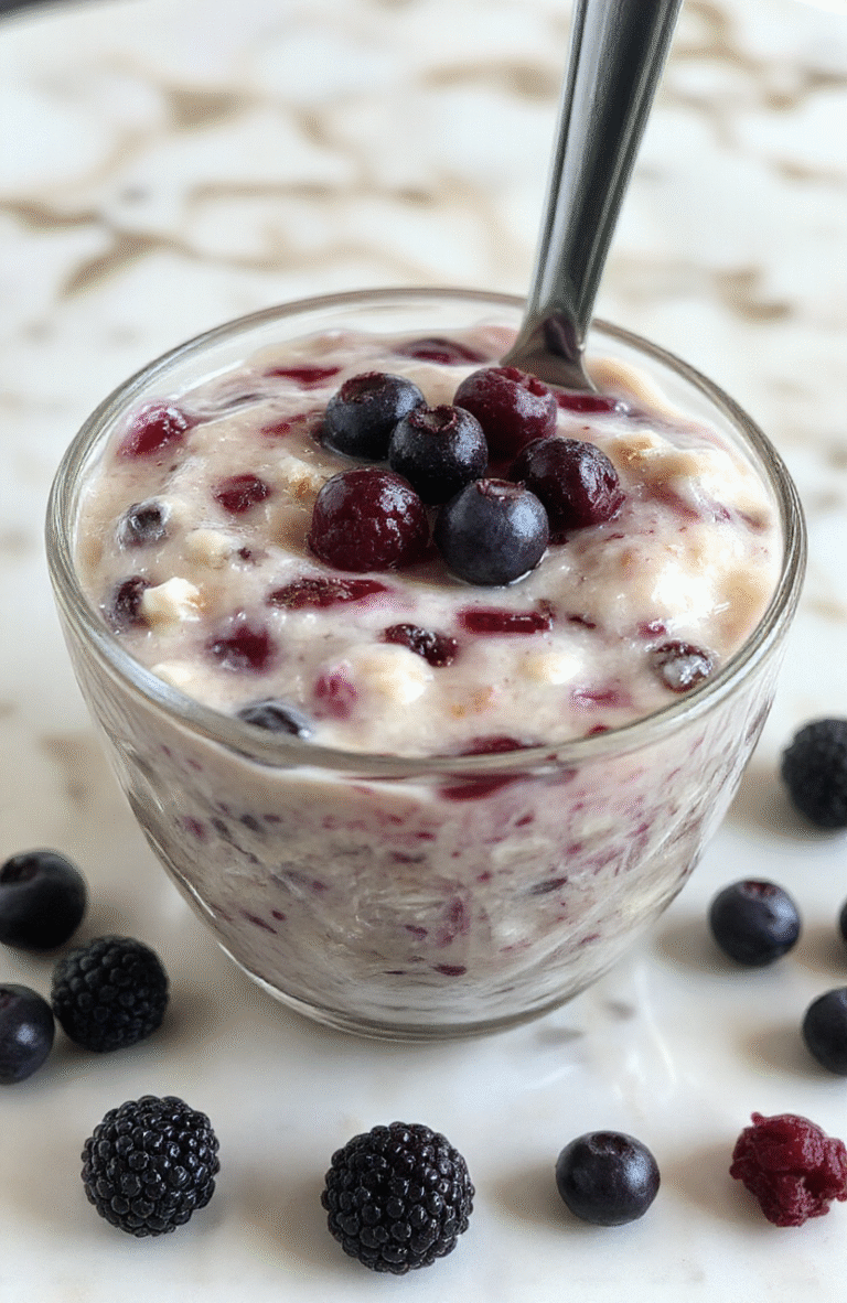 Creamy blueberry blended oats served in a white ceramic bowl, topped with fresh plump blueberries, a drizzle of honey, and a light dusting of chia seeds, against a natural wooden tabletop with soft morning light