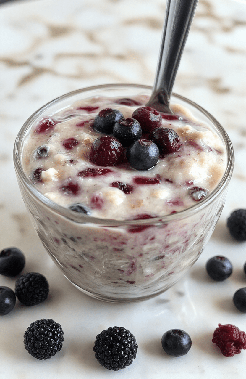 Creamy blueberry blended oats served in a white ceramic bowl, topped with fresh plump blueberries, a drizzle of honey, and a light dusting of chia seeds, against a natural wooden tabletop with soft morning light