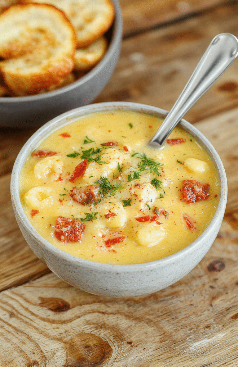 Steaming bowl of creamy cheeseburger macaroni soup with vibrant green peas, tender diced tomatoes, and shredded cheddar cheese swirled throughout, garnished with a dollop of sour cream and a sprinkle of paprika, served in a rustic ceramic bowl on a bare wooden table with natural daylight and soft shadows.