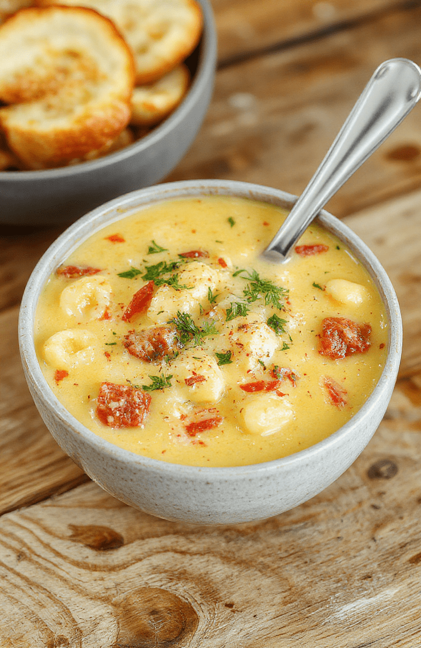 Steaming bowl of creamy cheeseburger macaroni soup with vibrant green peas, tender diced tomatoes, and shredded cheddar cheese swirled throughout, garnished with a dollop of sour cream and a sprinkle of paprika, served in a rustic ceramic bowl on a bare wooden table with natural daylight and soft shadows.