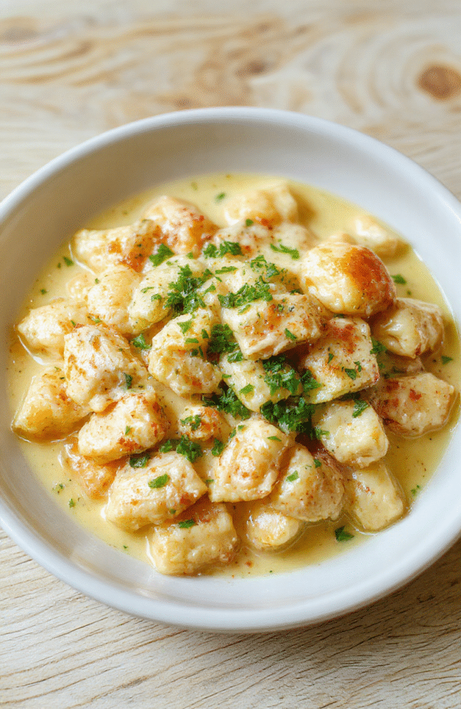 A steaming bowl of creamy chicken pot pie pasta in a white ceramic bowl, topped with freshly chopped parsley and a light dusting of grated Parmesan. Tender chicken pieces, small broccoli florets, and carrots are suspended in a rich golden cream sauce, tossed with al dente penne pasta. Soft natural daylight highlights the glossy, velvety sauce and pops of color from the vegetables.