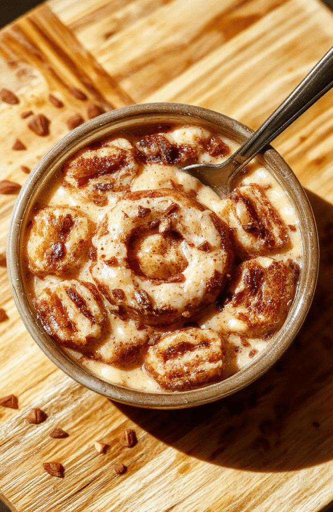A rustic ceramic bowl filled with creamy overnight oats swirled with rich cinnamon and brown sugar, topped with chopped walnuts, raisins, and a drizzle of honey, on a warm wooden surface with a soft-focus background.