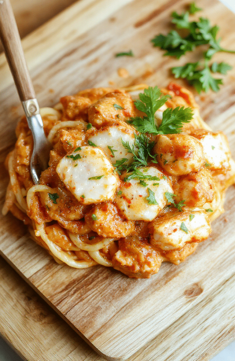 A steaming bowl of creamy coconut chicken red curry udon, with golden rice noodles, tender chicken slices, vibrant bell peppers, and snap peas, garnished with fresh cilantro and a sprinkle of sesame seeds, on a rustic wooden table with soft natural daylight and shallow depth of field.