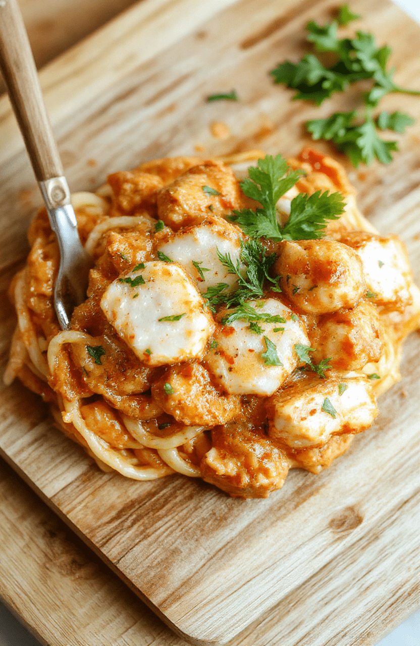 A steaming bowl of creamy coconut chicken red curry udon, with golden rice noodles, tender chicken slices, vibrant bell peppers, and snap peas, garnished with fresh cilantro and a sprinkle of sesame seeds, on a rustic wooden table with soft natural daylight and shallow depth of field.