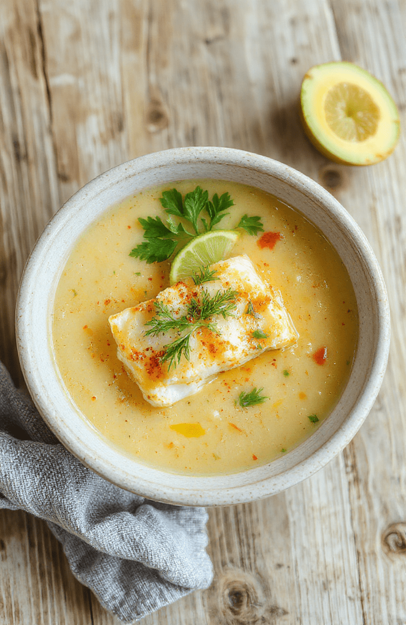 A steaming white bowl of creamy coconut lime fish soup featuring white fish chunks in a vibrant yellow-orange broth with coconut milk, fresh lime zest garnish, chopped cilantro, and thin red chili slices, served on a rustic wooden table with subtle soft shadows.