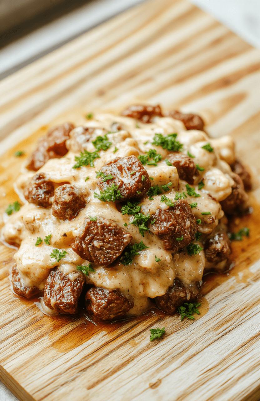 A steaming bowl of creamy beef stroganoff with tender beef strips, sautéed mushrooms, and a rich sour cream gravy, served over perfectly cooked egg noodles. Garnished with fresh parsley, the dish sits on a rustic wooden board with soft natural lighting and subtle steam rising.