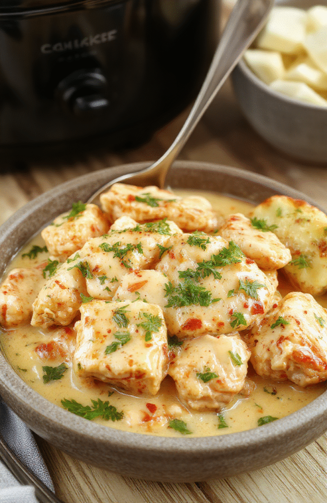 A rustic ceramic bowl filled with tender, golden-brown chicken pieces in a rich, creamy, orange-red butter chicken sauce, garnished with fresh cilantro leaves and a drizzle of cream. Background features soft natural light and a wooden table.