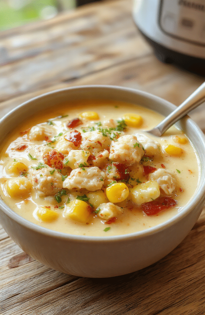 A rustic ceramic bowl filled with creamy white chicken corn chowder, garnished with fresh parsley and cracked black pepper, resting on a light wooden cutting board with chopped potatoes, sweet corn kernels, and shredded chicken visible at the edges; soft natural daylight with shallow depth of field highlights the creamy texture and vibrant corn.