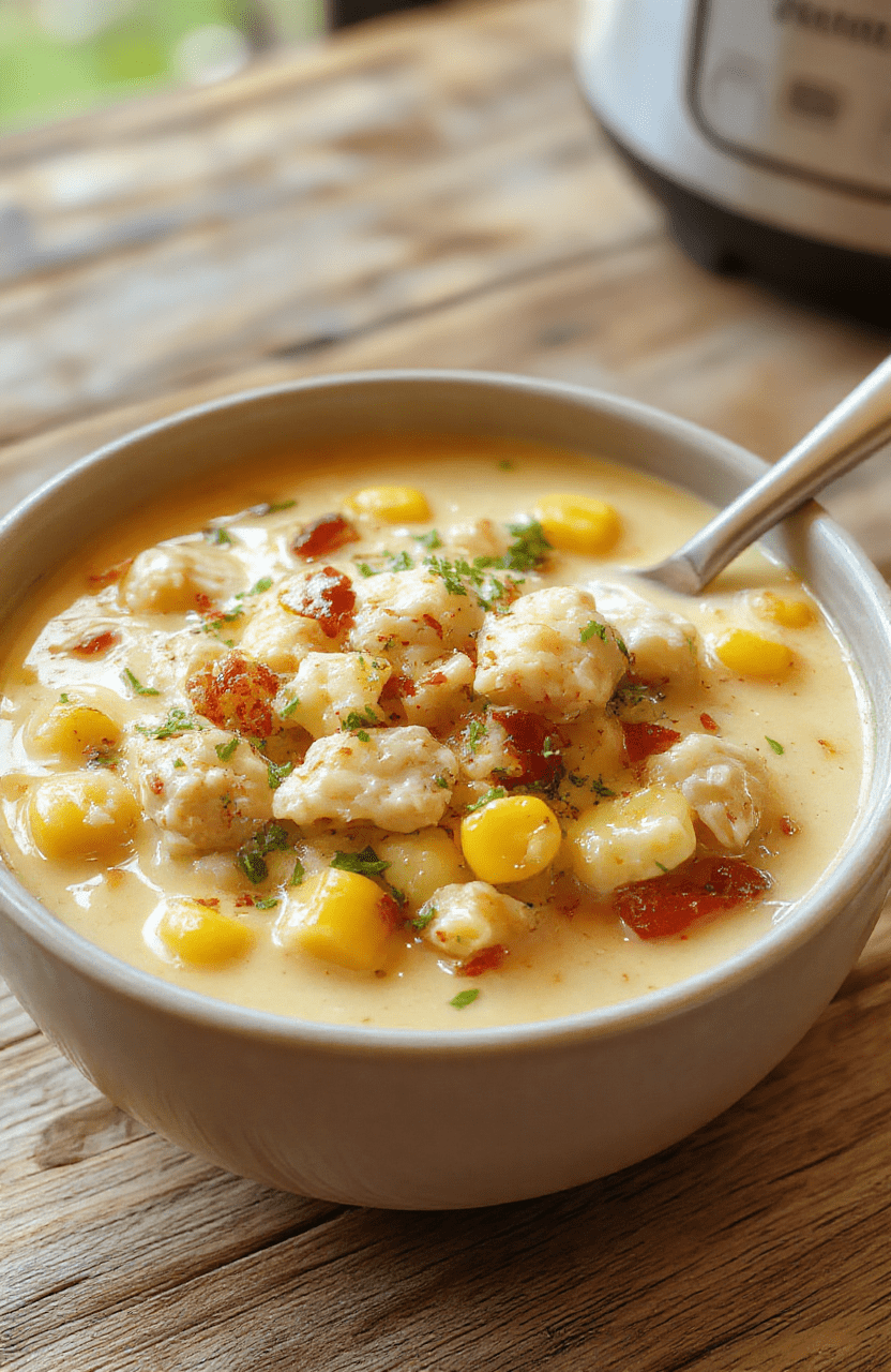 A rustic ceramic bowl filled with creamy white chicken corn chowder, garnished with fresh parsley and cracked black pepper, resting on a light wooden cutting board with chopped potatoes, sweet corn kernels, and shredded chicken visible at the edges; soft natural daylight with shallow depth of field highlights the creamy texture and vibrant corn.
