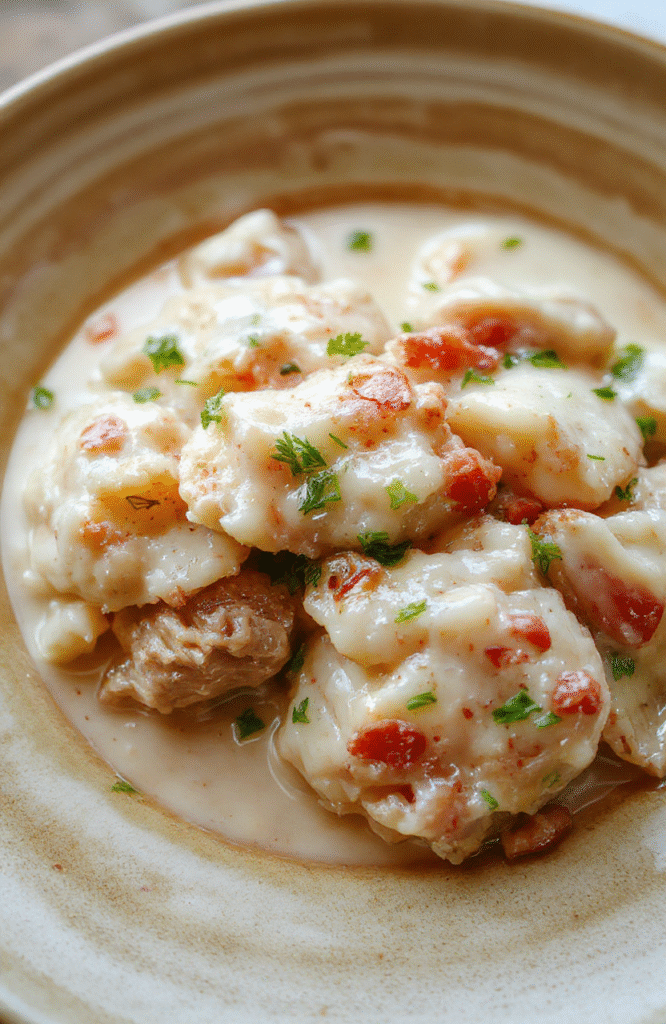 A steaming bowl of creamy crockpot chicken and dumplings with tender chicken pieces, fluffy dumplings, and a rich golden broth, garnished with fresh parsley and a drizzle of olive oil, served on a rustic wooden board with soft natural lighting and shallow depth of field.