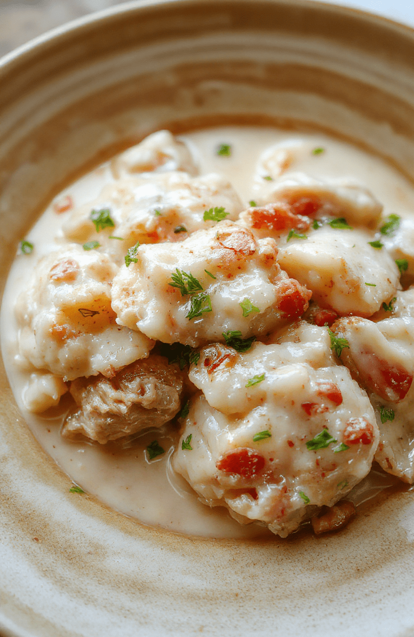 A steaming bowl of creamy crockpot chicken and dumplings with tender chicken pieces, fluffy dumplings, and a rich golden broth, garnished with fresh parsley and a drizzle of olive oil, served on a rustic wooden board with soft natural lighting and shallow depth of field.