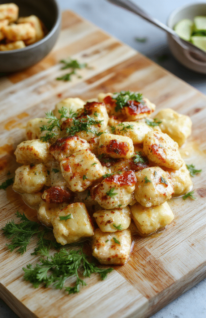 A rustic ceramic bowl filled with tender chicken pieces, pillowy golden-brown gnocchi, and a creamy garlic-parmesan sauce, garnished with freshly chopped parsley and cracked black pepper, served on a light oak cutting board with sprigs of thyme nearby.