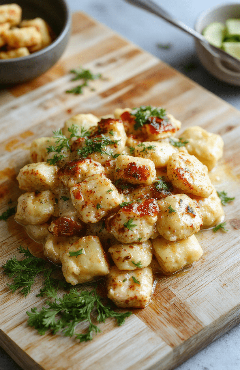 A rustic ceramic bowl filled with tender chicken pieces, pillowy golden-brown gnocchi, and a creamy garlic-parmesan sauce, garnished with freshly chopped parsley and cracked black pepper, served on a light oak cutting board with sprigs of thyme nearby.
