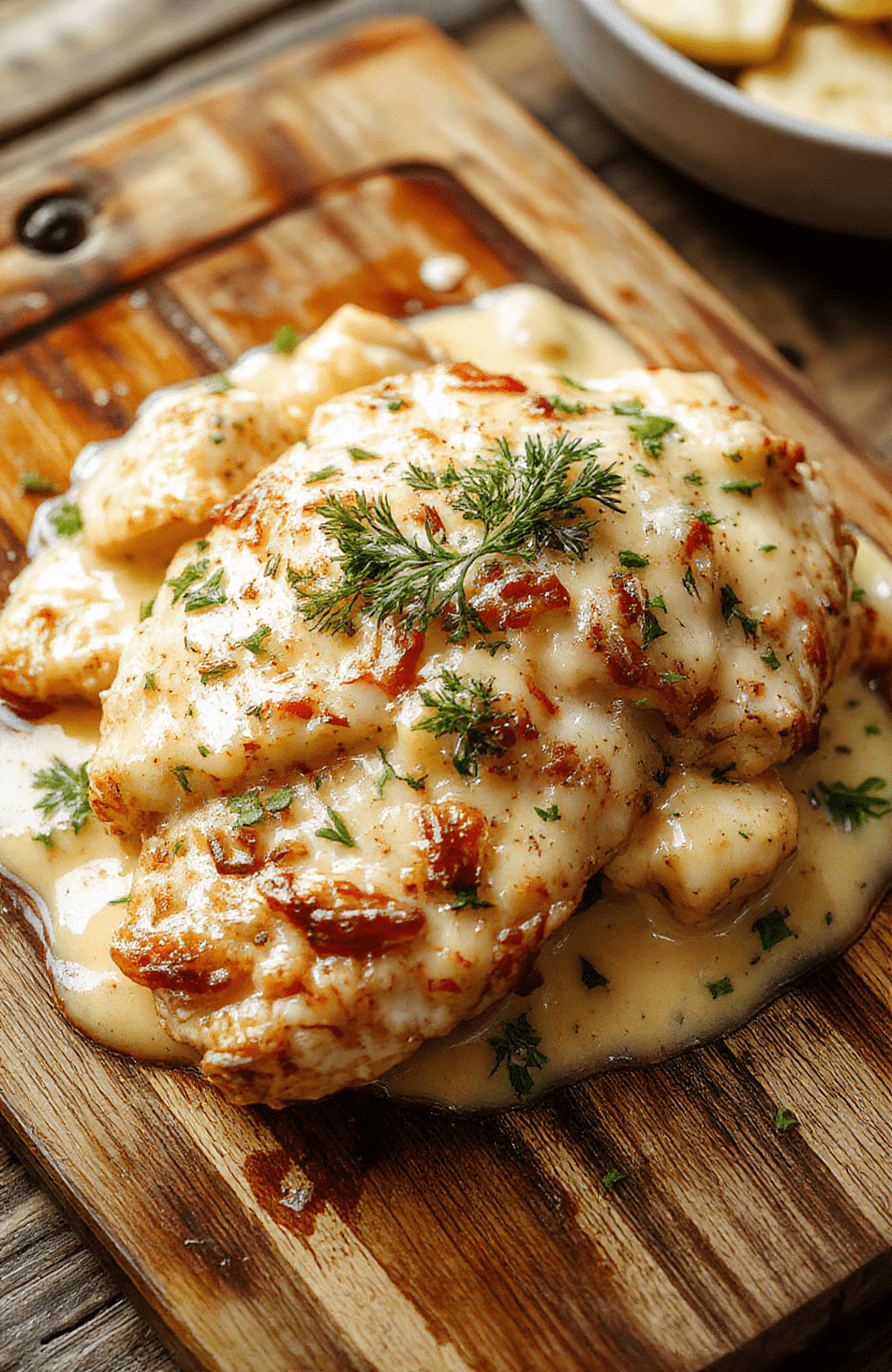 Tender, golden-brown chicken breasts nestled in a creamy garlic Parmesan sauce topped with melted cheese and fresh parsley, served in a rustic ceramic bowl alongside steamed broccoli and roasted potatoes, with soft natural lighting and shallow depth of field emphasizing the glossy sauce texture.