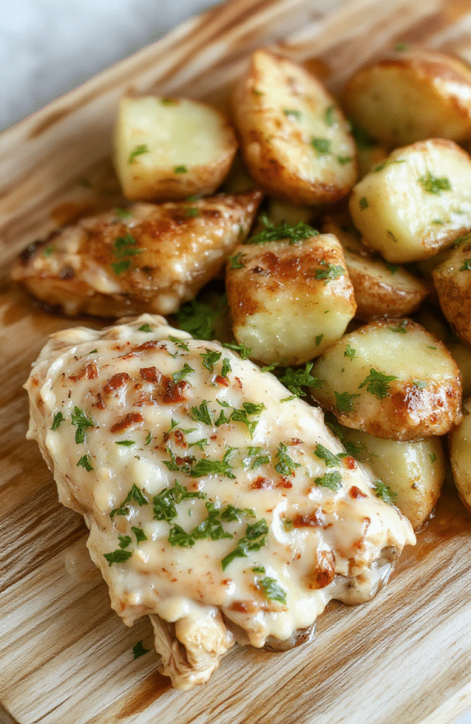 A rustic slow cooker filled with golden-brown chicken thighs and baby potatoes bathed in a rich, creamy garlic parmesan sauce, garnished with fresh parsley and cracked black pepper, steam gently rising.