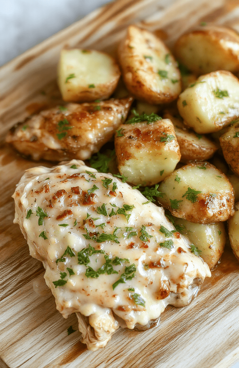 A rustic slow cooker filled with golden-brown chicken thighs and baby potatoes bathed in a rich, creamy garlic parmesan sauce, garnished with fresh parsley and cracked black pepper, steam gently rising.