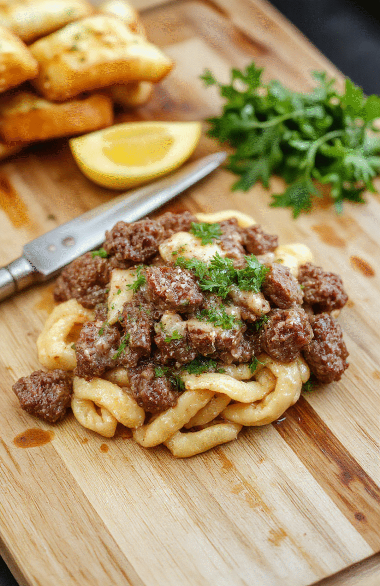 A steaming bowl of creamy ground beef orzo, garnished with fresh parsley and a light dusting of grated Parmesan, served on a rustic wooden board with a fork nearby, soft natural daylight, shallow depth of field, food taking up upper two-thirds of frame, lower third empty for text overlay