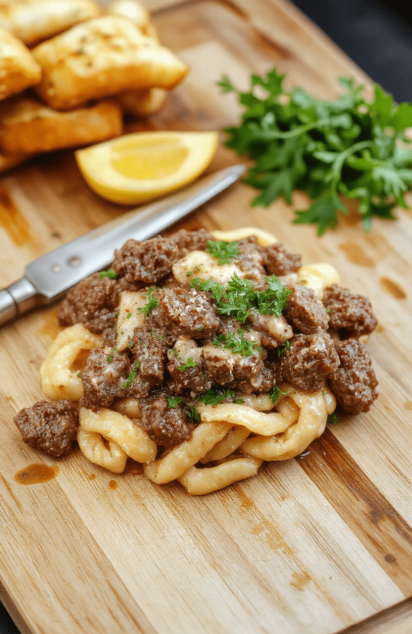 A steaming bowl of creamy ground beef orzo, garnished with fresh parsley and a light dusting of grated Parmesan, served on a rustic wooden board with a fork nearby, soft natural daylight, shallow depth of field, food taking up upper two-thirds of frame, lower third empty for text overlay
