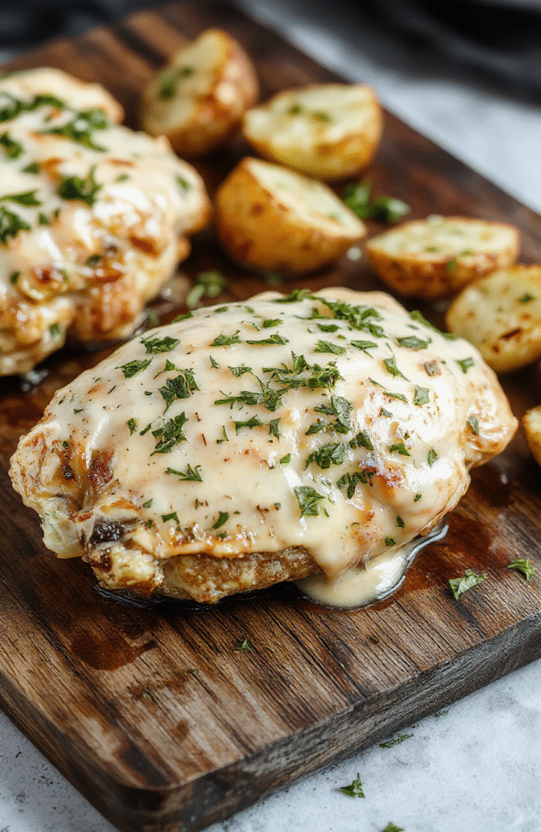 Golden-brown roasted chicken with crispy skin, surrounded by roasted baby potatoes, fresh rosemary sprigs, and garlic cloves on a rustic baking sheet. A dollop of creamy herb sauce drips slightly down the side. Soft natural light, shallow depth of field, vibrant colors, rustic wooden background.