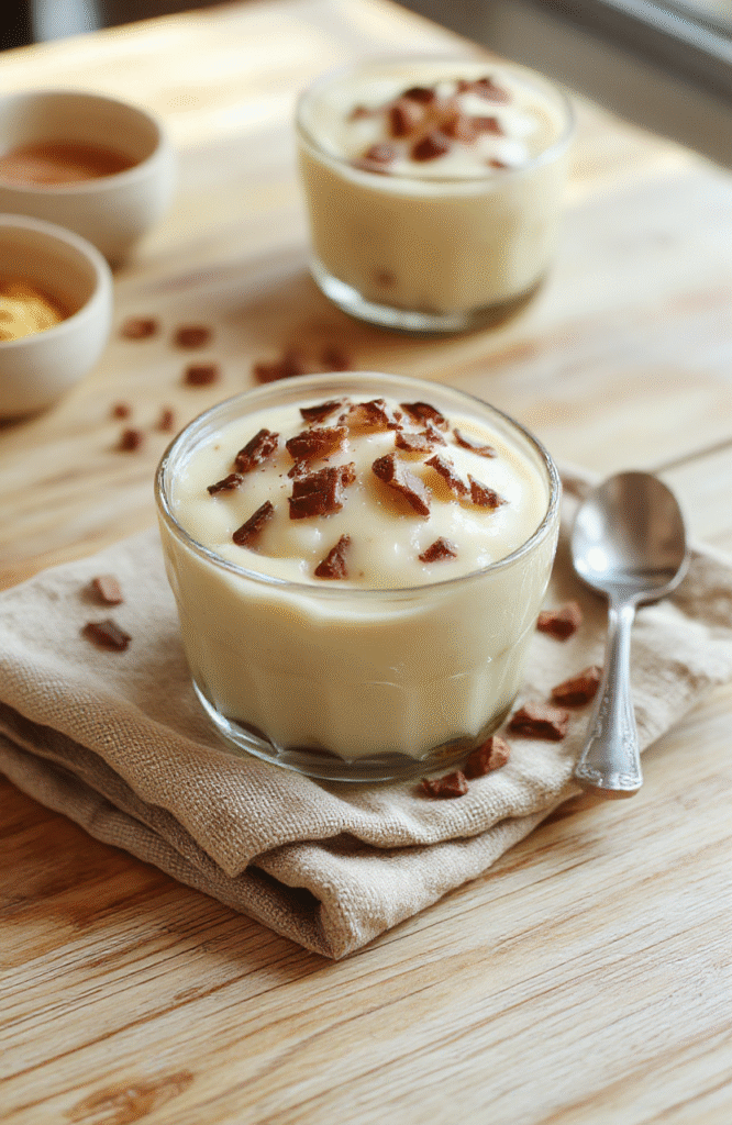 A smooth, glossy vanilla high-protein pudding in a clear glass bowl, topped with a dusting of cinnamon and a sprig of mint, served with a small spoon resting on the rim. Background features light oak wood and natural linen towel. Soft natural light highlights the creamy texture and rich color.