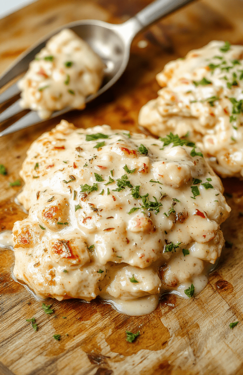 A sizzling pan of creamy marry me chicken with golden-brown chicken breasts躺在 atop creamy mushroom and garlic sauce, garnished with fresh parsley and a light dusting of parmesan, served with a side of garlic butter pasta in a rustic ceramic bowl on a wooden table, soft natural light, shallow depth of field, casual home-cooked look.