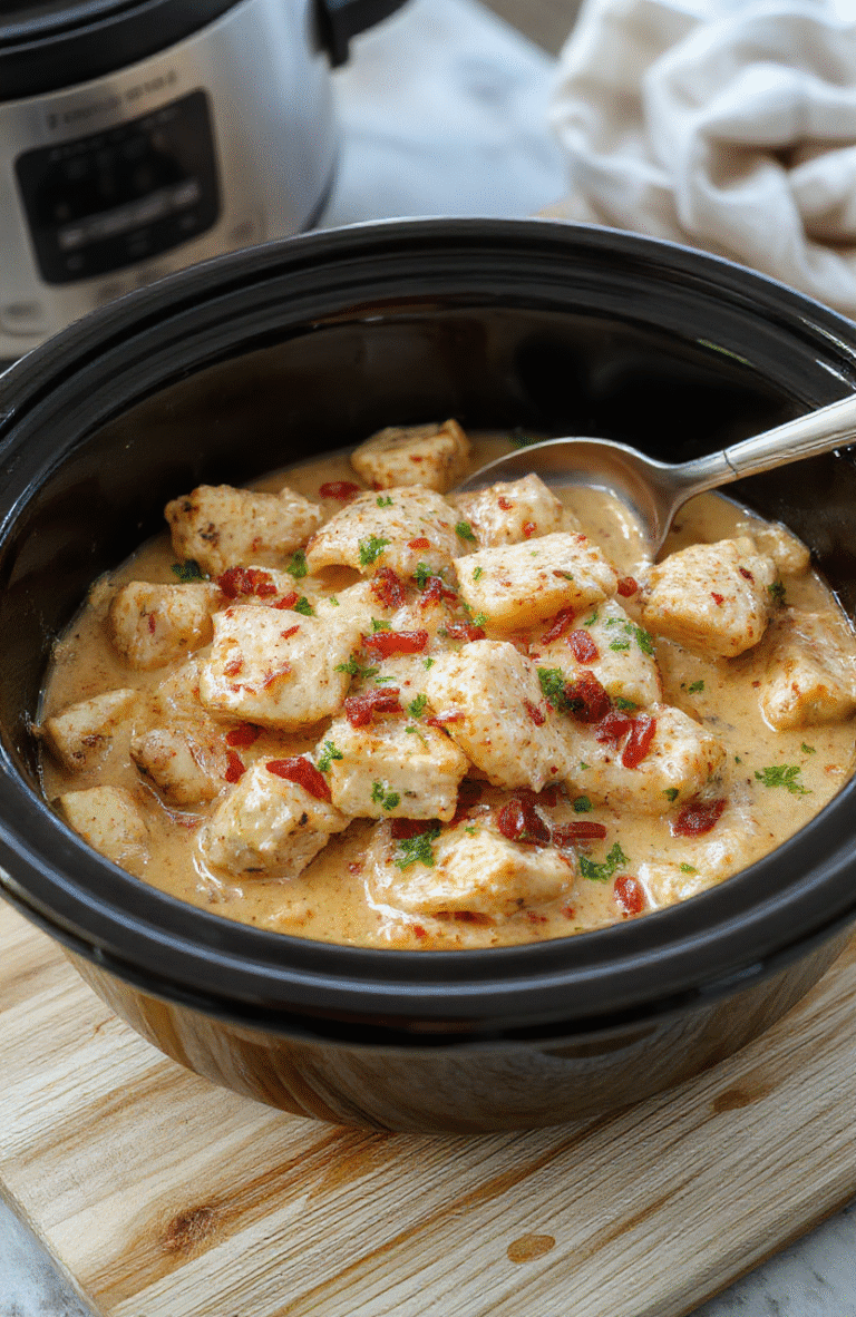 A rustic ceramic crockpot filled with tender chicken breasts in a rich, creamy garlic parmesan sauce, garnished with fresh parsley and cracked black pepper, served alongside golden roasted baby potatoes and steamed broccoli on a wooden board, natural daylight, shallow depth of field, soft shadows.