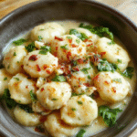 A steaming bowl of golden-brown gnocchi pillows in a rich, creamy garlic-parmesan sauce, topped with wilted fresh spinach, toasted pine nuts, and a drizzle of olive oil, against a rustic wooden board background.
