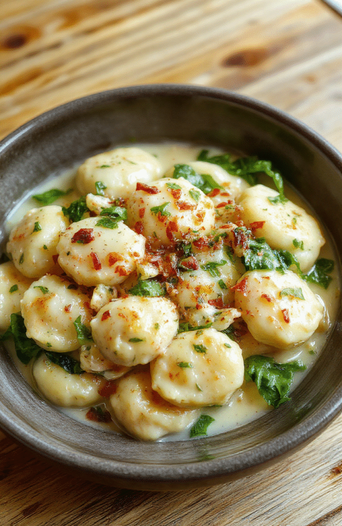A steaming bowl of golden-brown gnocchi pillows in a rich, creamy garlic-parmesan sauce, topped with wilted fresh spinach, toasted pine nuts, and a drizzle of olive oil, against a rustic wooden board background.