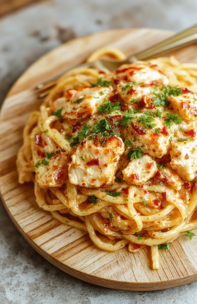 A steaming bowl of creamy monterey chicken spaghetti with tender chicken pieces, al dente spaghetti coated in a golden-white cheese sauce, topped with fresh parsley and a sprinkle of cracked black pepper, placed on a rustic wooden board with soft natural daylight casting gentle shadows.