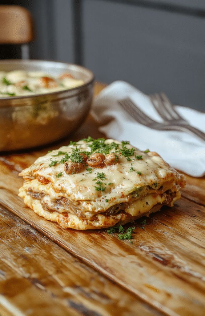 Golden-brown lasagna with creamy white ricotta layers, sliced mushrooms, fresh parsley, and melted mozzarella cheese, served in a rustic ceramic dish against a wooden table with soft natural light and a shallow depth of field background.
