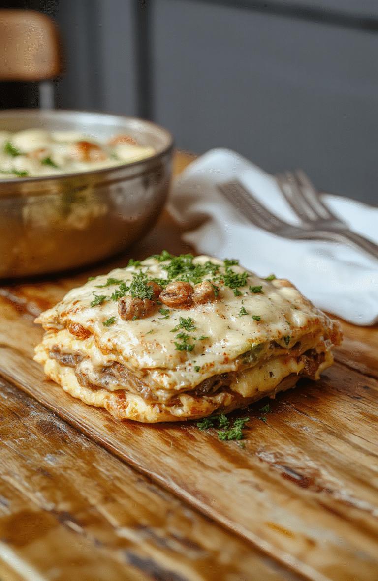 Golden-brown lasagna with creamy white ricotta layers, sliced mushrooms, fresh parsley, and melted mozzarella cheese, served in a rustic ceramic dish against a wooden table with soft natural light and a shallow depth of field background.