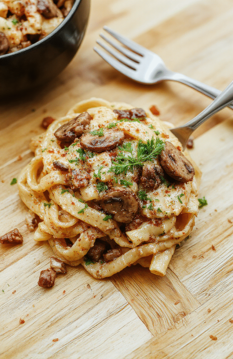 A steaming plate of creamy mushroom pasta with golden-brown mushrooms, al dente fettuccine coated in a rich ivory sauce, garnished with fresh parsley and a sprinkle of Parmesan