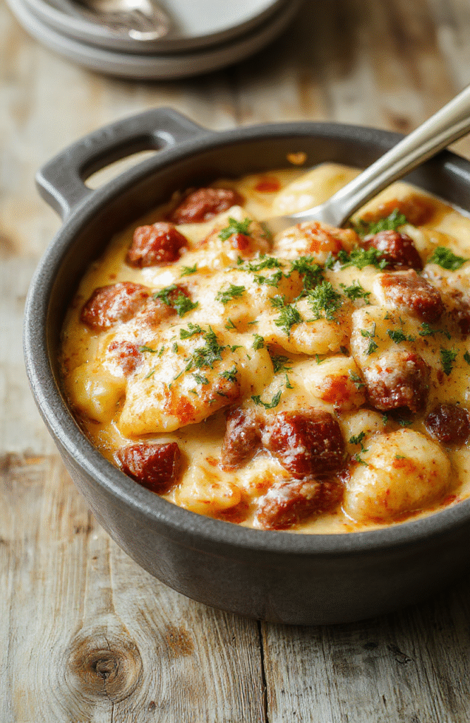 A golden-brown, bubbling creamy pierogi and kielbasa casserole in a deep ceramic baking dish, topped with chopped fresh parsley and a drizzle of sour cream, served alongside sliced ripe avocado and crusty bread on a rustic wooden board.