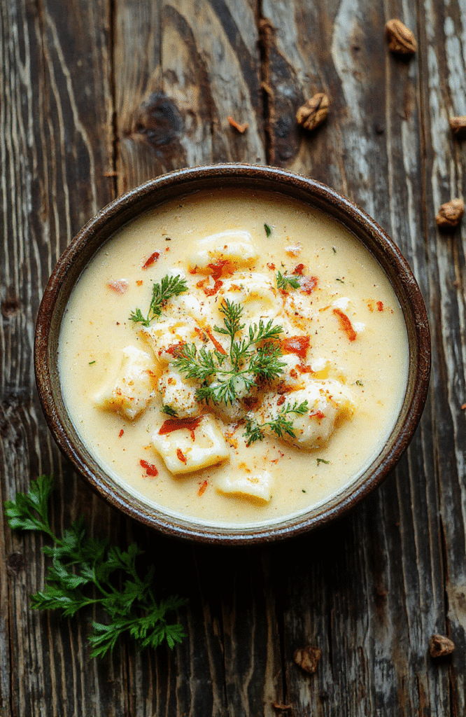 A steaming bowl of creamy ravioli soup featuring cheese-filled ravioli floating in a rich, golden broth with tender spinach and sweet Roma tomato chunks, garnished with fresh basil and a drizzle of extra virgin olive oil, served in a rustic white ceramic bowl against a lightly diffused natural light backdrop.