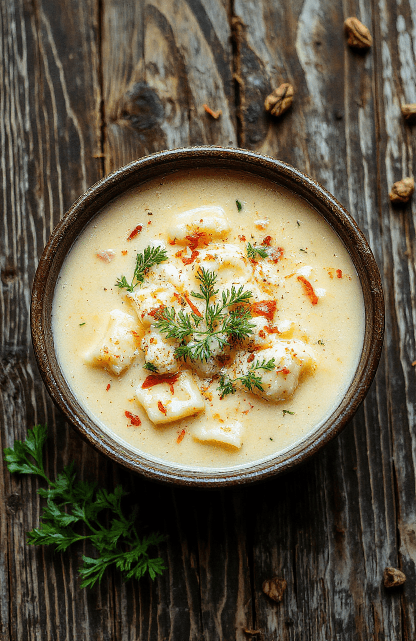 A steaming bowl of creamy ravioli soup featuring cheese-filled ravioli floating in a rich, golden broth with tender spinach and sweet Roma tomato chunks, garnished with fresh basil and a drizzle of extra virgin olive oil, served in a rustic white ceramic bowl against a lightly diffused natural light backdrop.