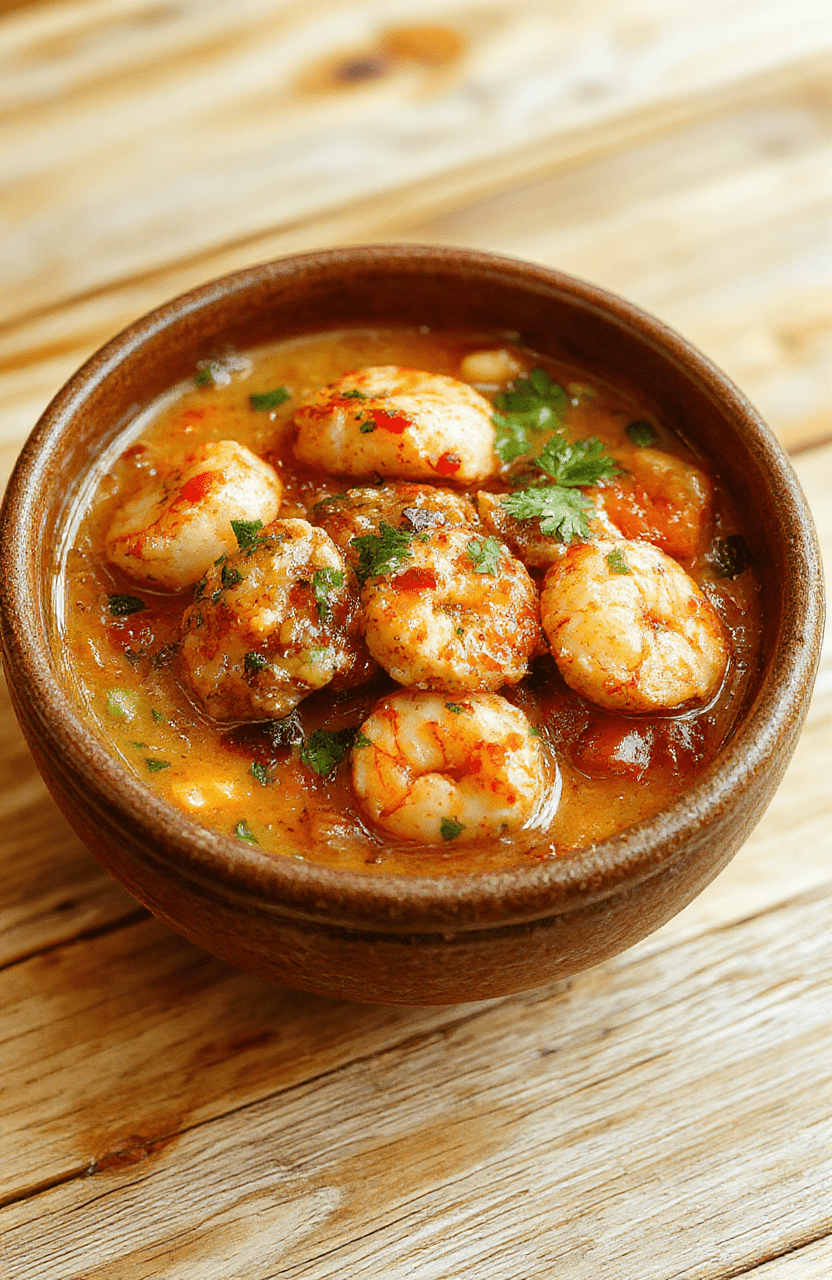 A rustic ceramic bowl filled with thick, creamy chili featuring plump pink shrimp, tender white fish pieces, black beans, diced tomatoes with green chiles, and a sprinkle of fresh cilantro and green onions. The chili has a rich orange-red hue with visible seafood textures and a glossy brothy consistency. Served with a wedge of lime and a side of shredded sharp cheddar cheese on top.
