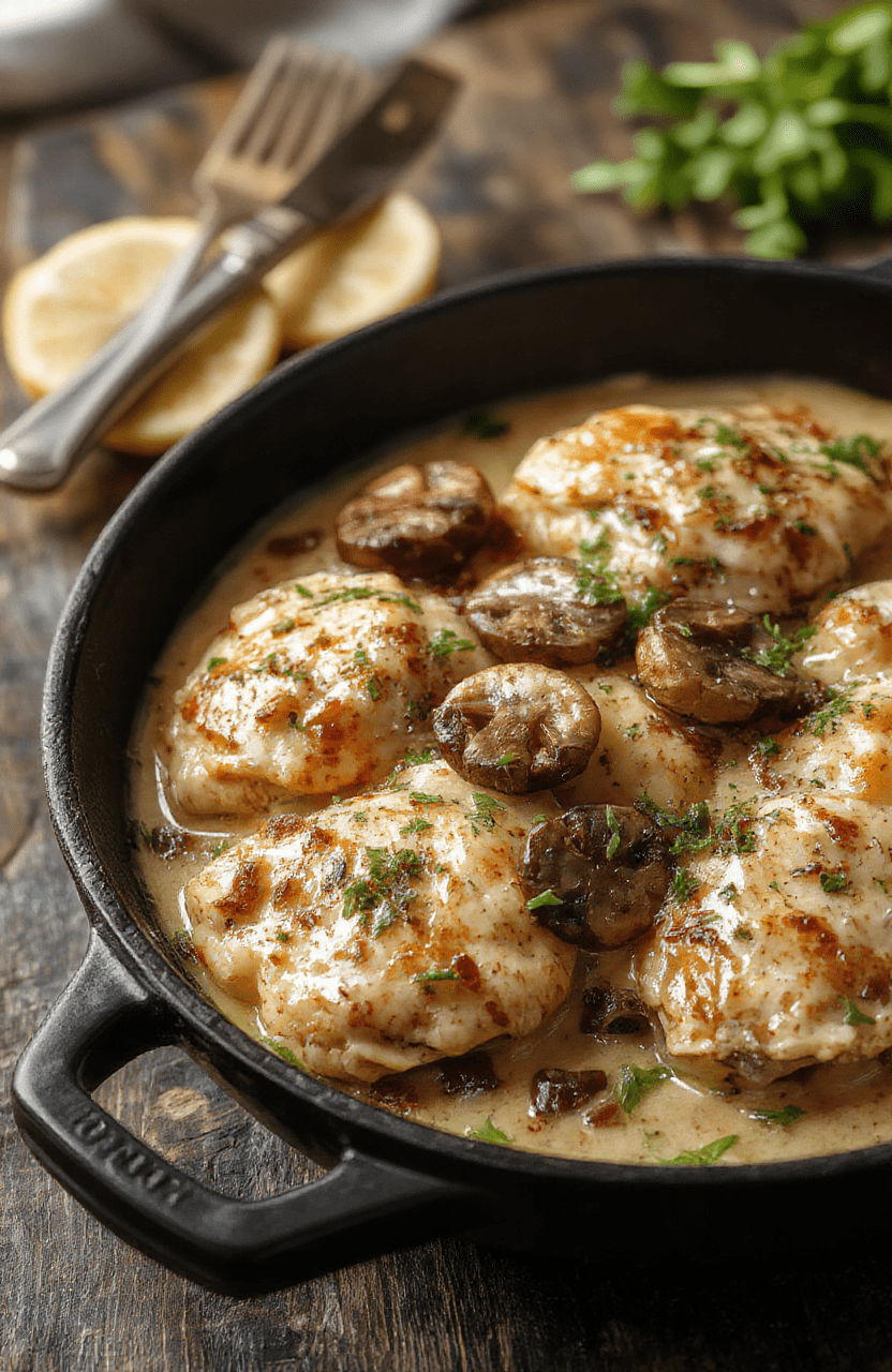 Golden-brown chicken breasts and earthy mushrooms in a rich, creamy garlic sauce, garnished with fresh parsley, served in a cast-iron skillet with rustic wooden tabletop background and soft natural lighting.