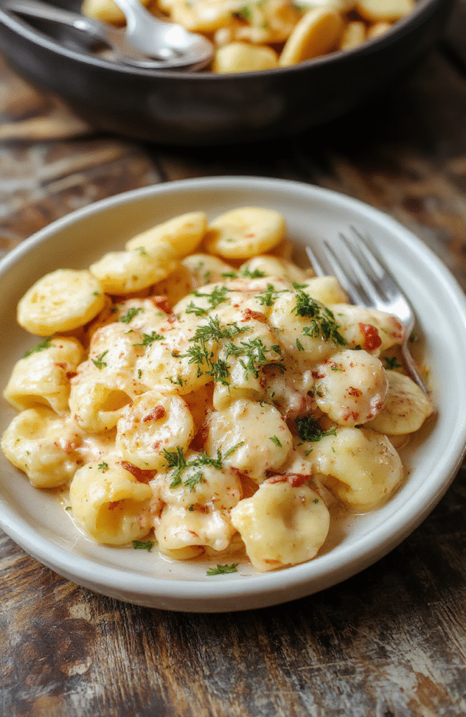 A steaming bowl of creamy tortellini carbonara garnished with freshly grated parmesan, cracked black pepper, and tiny flecks of parsley; golden-brown cheese edges glisten on the pasta shells, with a glossy, velvety sauce coating each folded tortellini, served in a rustic white ceramic bowl on a clean wooden table.