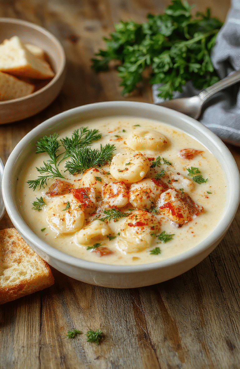 Hearty creamy tortellini soup in a rustic ceramic bowl, Garnished with fresh parsley and a drizzle of olive oil, with visible cheese-filled tortellini, wilted spinach, and small chunks of chicken floating in the rich golden broth. Background features a light wooden table with soft shadows.